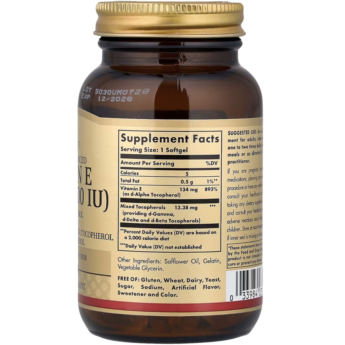 Tabla nutricional del suplemento Solgar Vitamina E 134 mg 100 cápsulas blandas