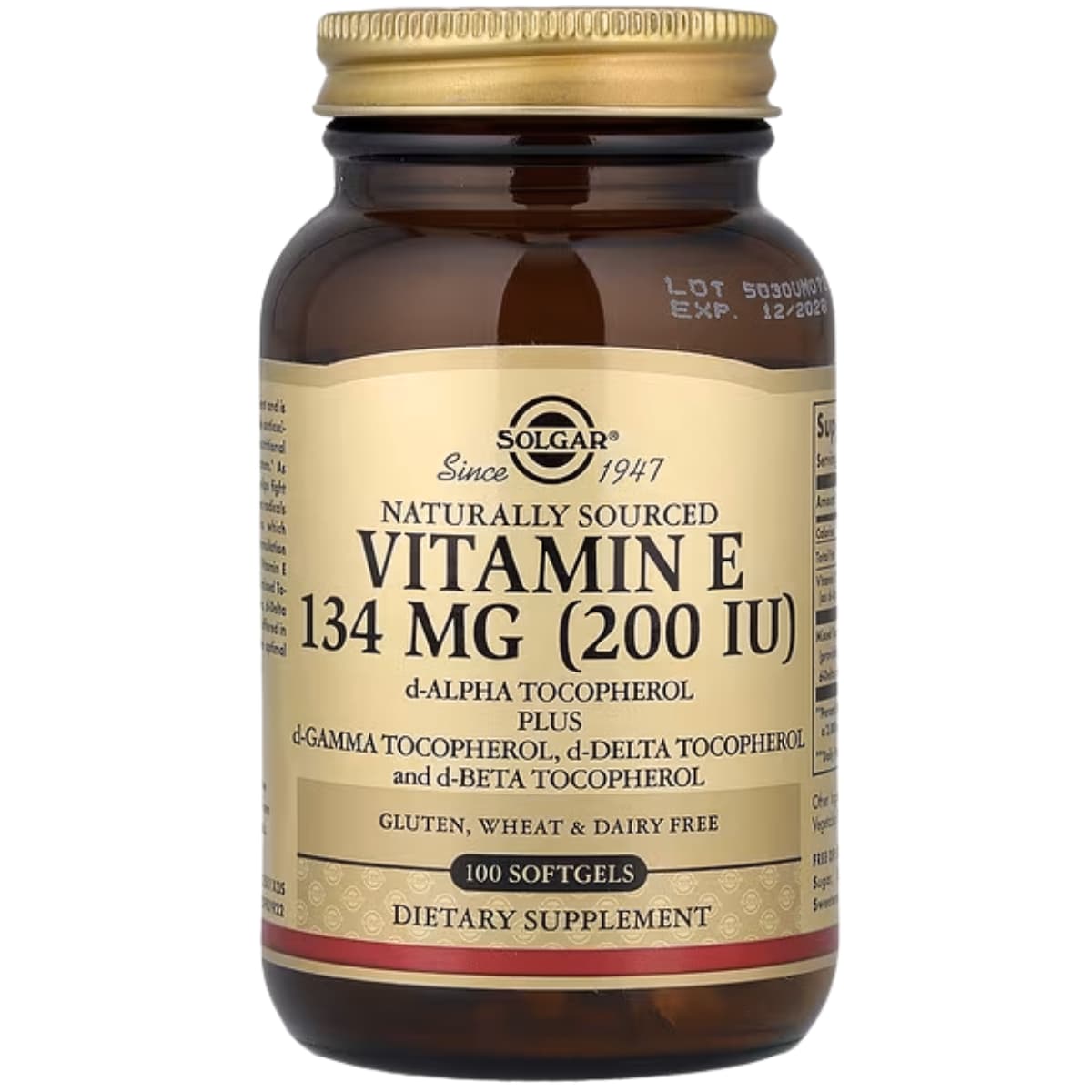 Frasco de suplemento Solgar Vitamina E 134 mg 100 cápsulas blandas
