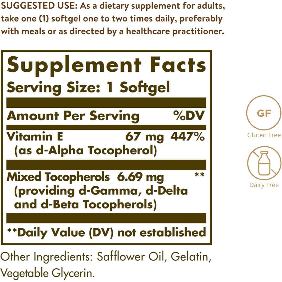 Tabla nutricional del suplemento Solgar Vitamina E d-Alfa Tocoferol y Tocoferoles Mixtos 100 cápsulas blandas