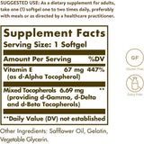 Tabla nutricional del suplemento Solgar Vitamina E d-Alfa Tocoferol y Tocoferoles Mixtos 100 cápsulas blandas