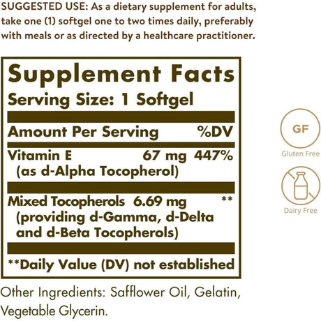 Tabla nutricional del suplemento Solgar Vitamina E d-Alfa Tocoferol y Tocoferoles Mixtos 100 cápsulas blandas
