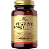 Frasco de suplemento Solgar Vitamina E d-Alfa Tocoferol y Tocoferoles Mixtos 100 cápsulas blandas