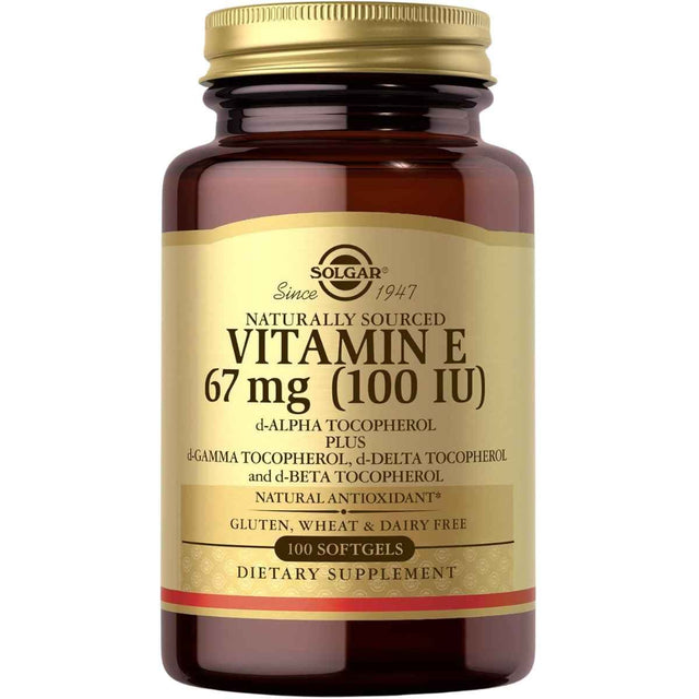 Frasco de suplemento Solgar Vitamina E d-Alfa Tocoferol y Tocoferoles Mixtos 100 cápsulas blandas