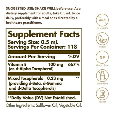 Tabla nutricional del suplemento Solgar Vitamina E Líquida 59 mL