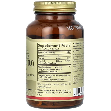 Tabla nutricional del suplemento Solgar Vitamina E Natural 268 mg 100 cápsulas blandas