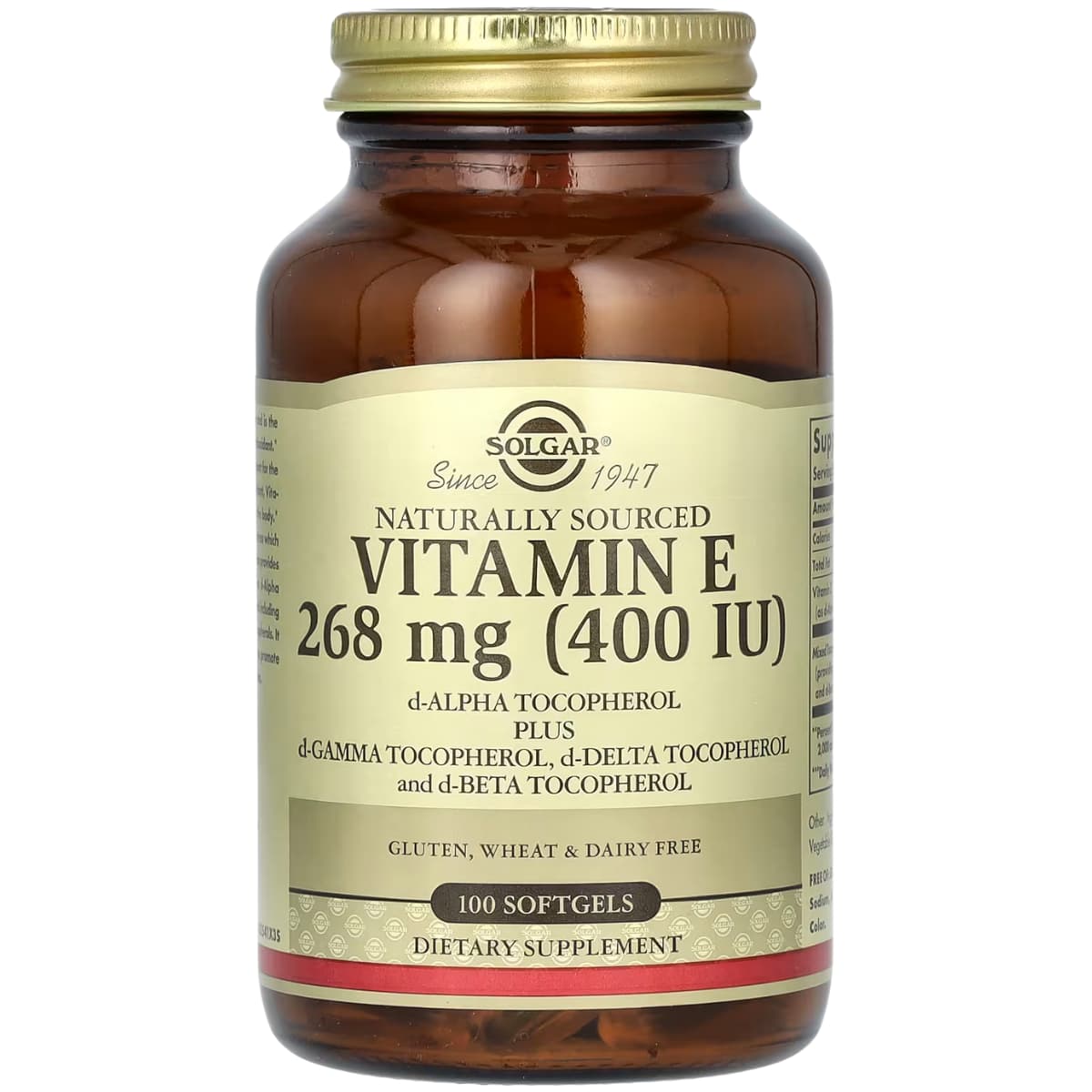 Frasco de suplemento Solgar Vitamina E Natural 268 mg 100 cápsulas blandas