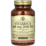 Frasco de suplemento Solgar Vitamina E Natural 268 mg 100 cápsulas blandas