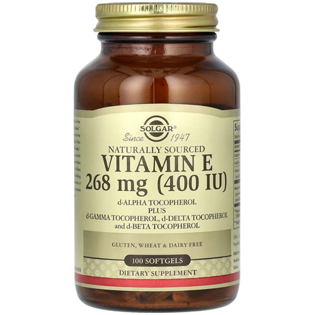 Frasco de suplemento Solgar Vitamina E Natural 268 mg 100 cápsulas blandas