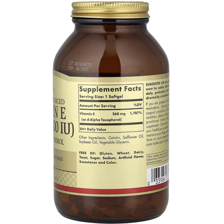 Tabla nutricional del suplemento Solgar Vitamina E Natural 268 mg 250 cápsulas blandas