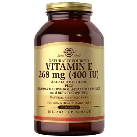 Frasco de suplemento Solgar Vitamina E Natural 268 mg 250 cápsulas blandas