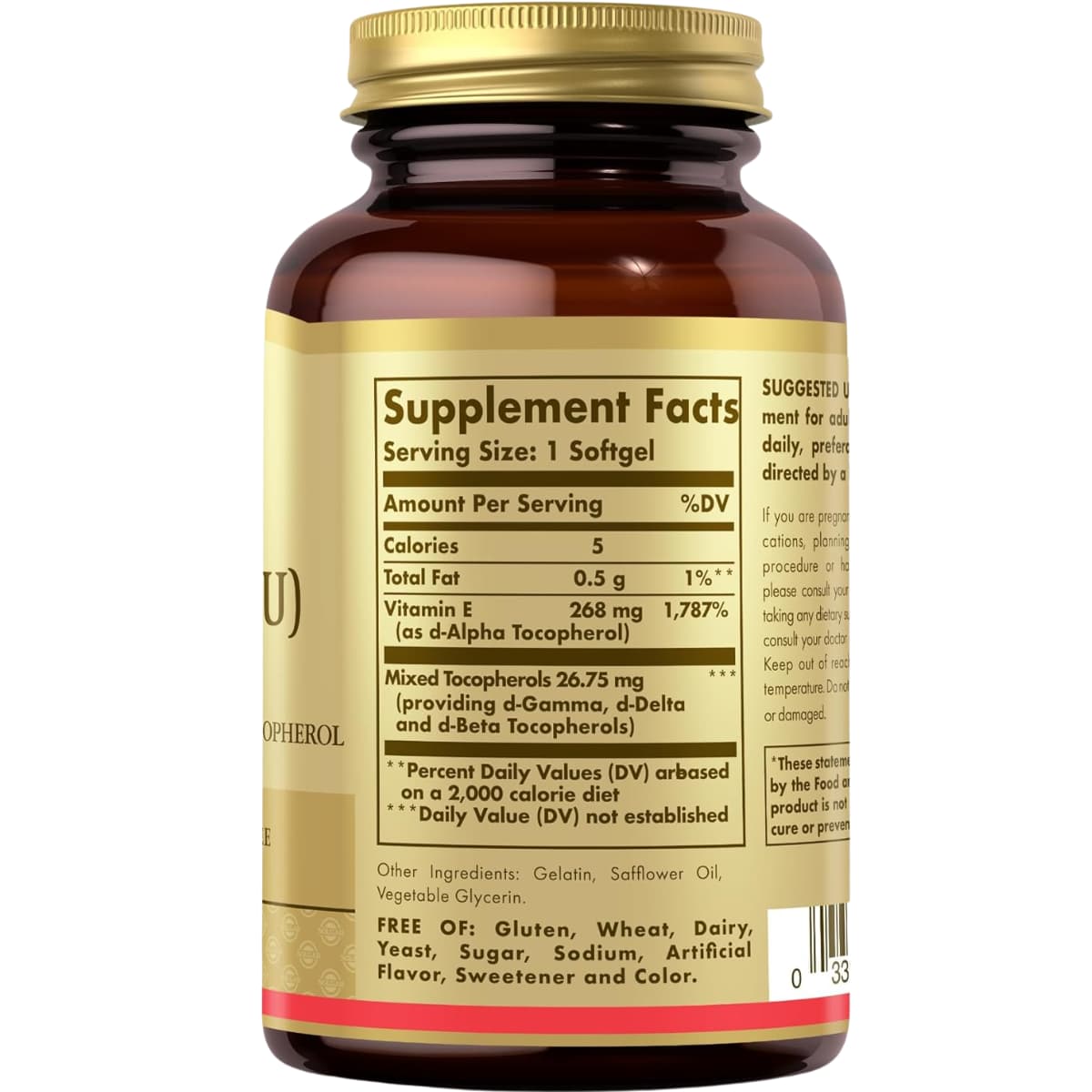 Tabla nutricional del suplemento Solgar Vitamina E Natural 268 mg 50 cápsulas blandas