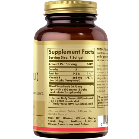 Tabla nutricional del suplemento Solgar Vitamina E Natural 268 mg 50 cápsulas blandas