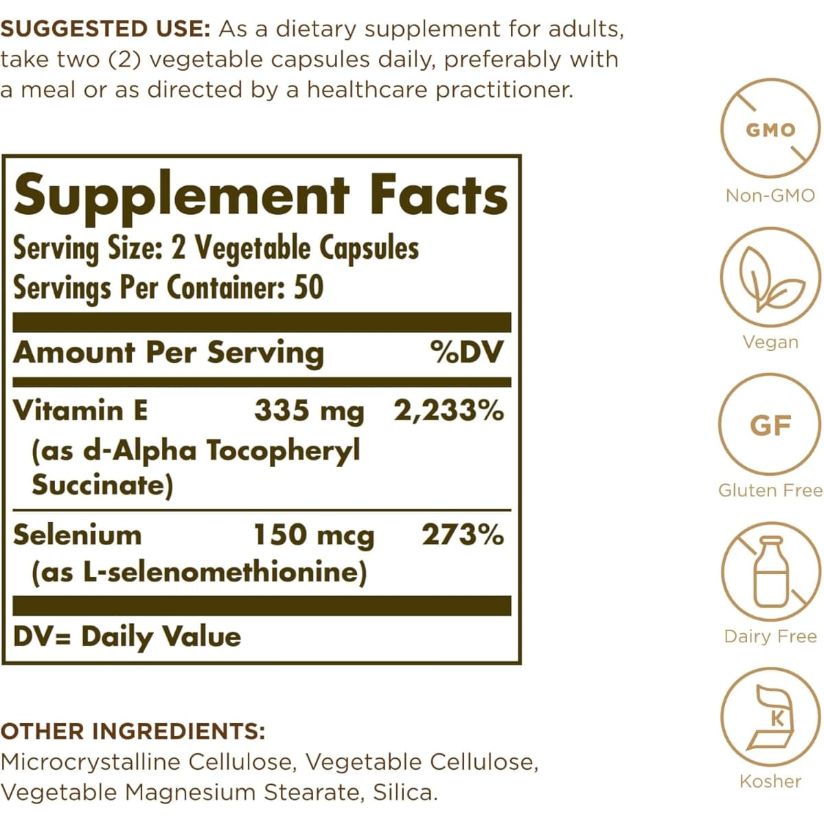 Tabla nutricional del suplemento Solgar Vitamina E Seca con Selenio 100 cápsulas vegetales