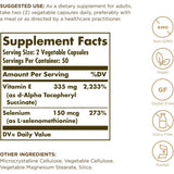 Tabla nutricional del suplemento Solgar Vitamina E Seca con Selenio 100 cápsulas vegetales