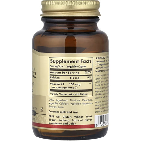 Tabla nutricional del suplemento Solgar Vitamina K2 MK-7 100 mcg 50 cápsulas vegetales