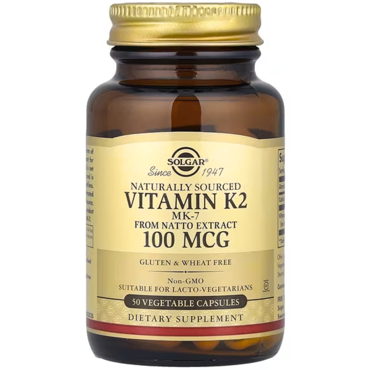 Frasco de suplemento Solgar Vitamina K2 MK-7 100 mcg 50 cápsulas vegetales