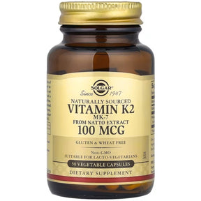 Frasco de suplemento Solgar Vitamina K2 MK-7 100 mcg 50 cápsulas vegetales