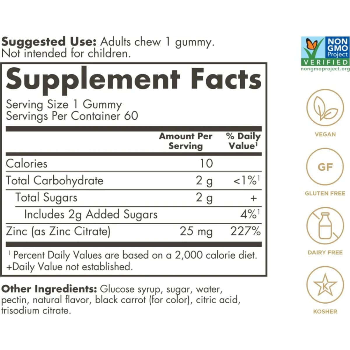 Tabla nutricional del suplemento Solgar Zinc Mezcla de Frutas 60 gomitas