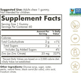 Tabla nutricional del suplemento Solgar Zinc Mezcla de Frutas 60 gomitas