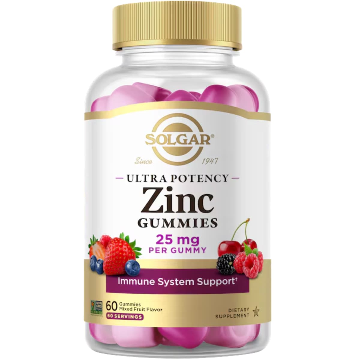 Frasco de suplemento Solgar Zinc Mezcla de Frutas 60 gomitas