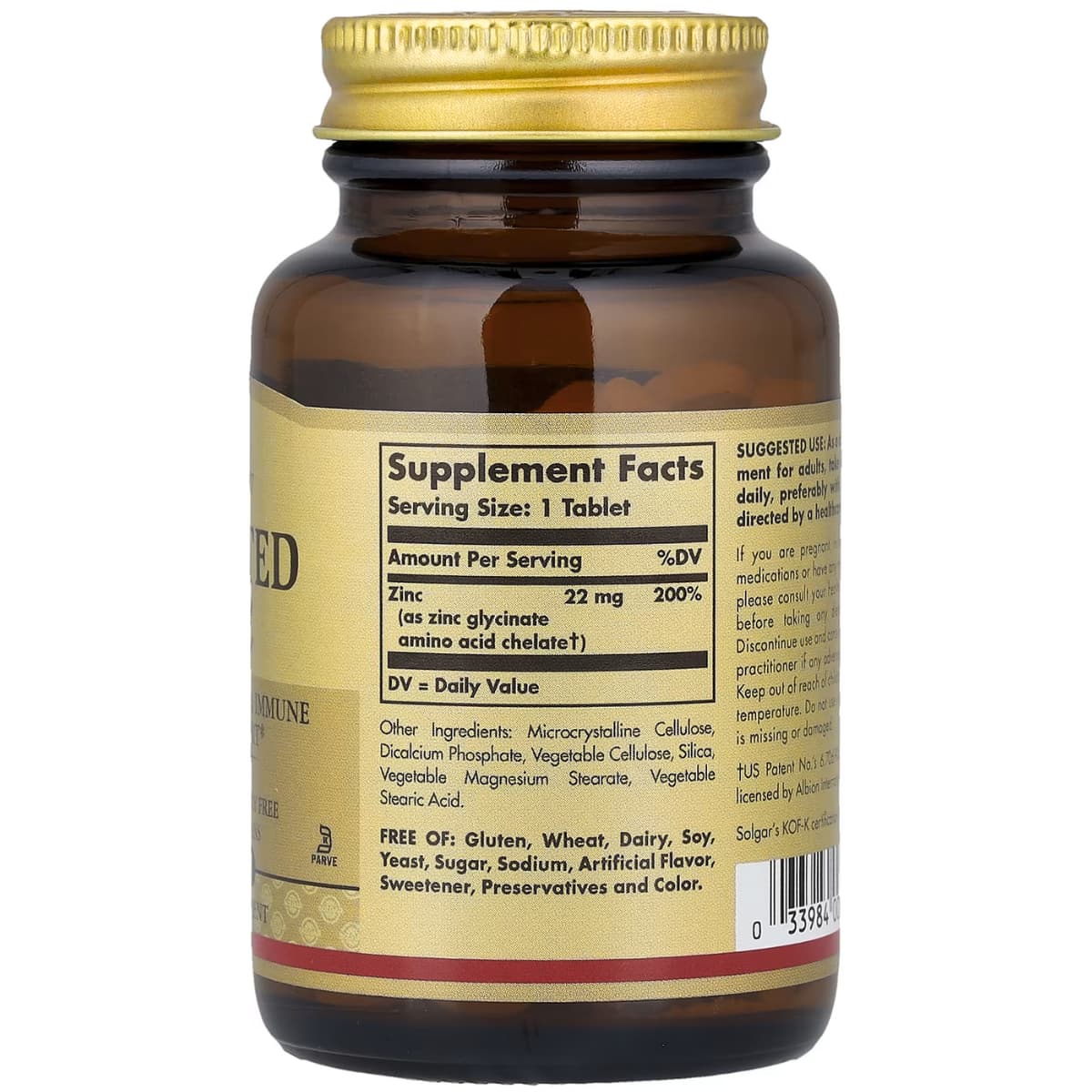 Tabla nutricional del suplemento Solgar Zinc Quelado 22 mg 100 tabletas