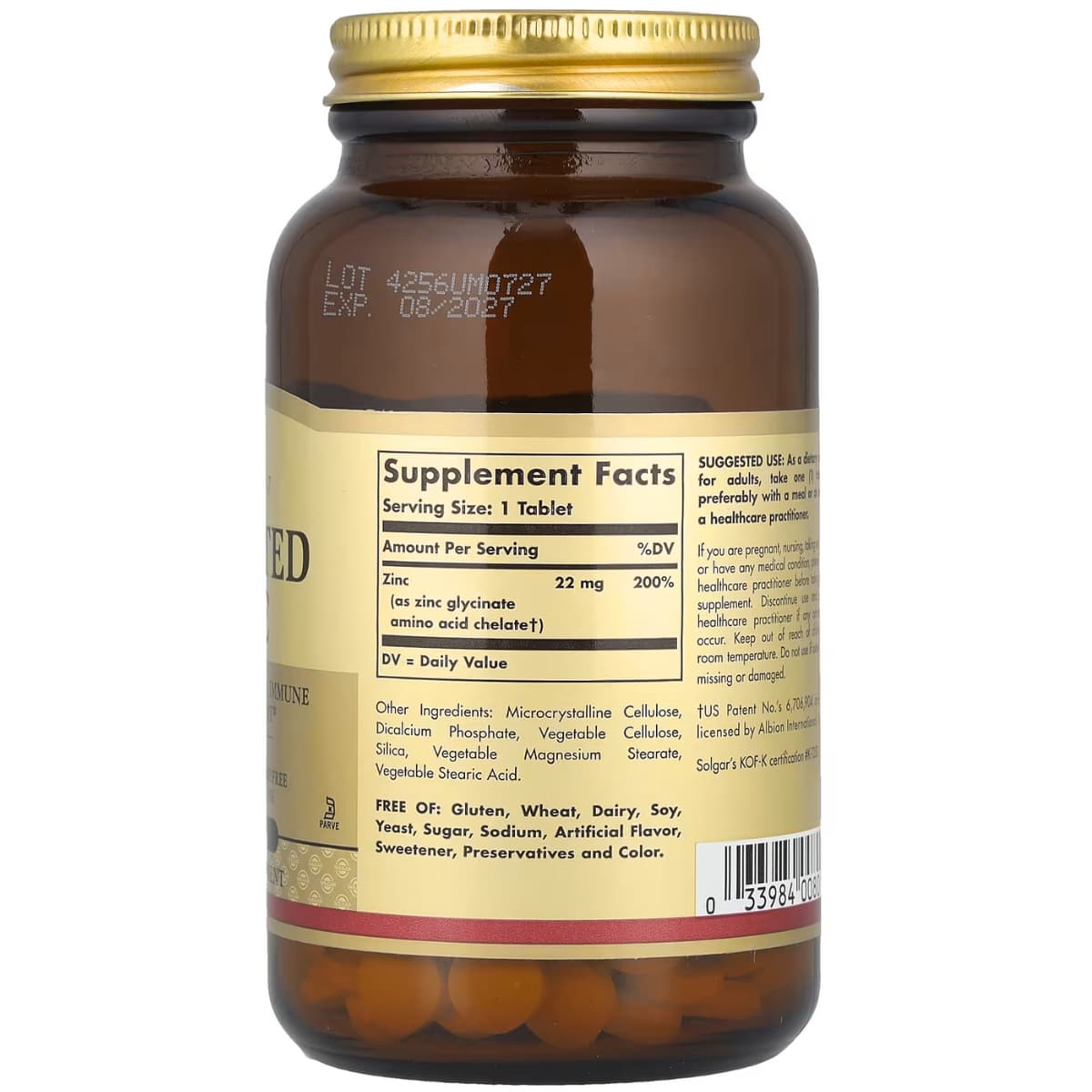 Tabla nutricional del suplemento Solgar Zinc Quelado 22 mg 250 tabletas