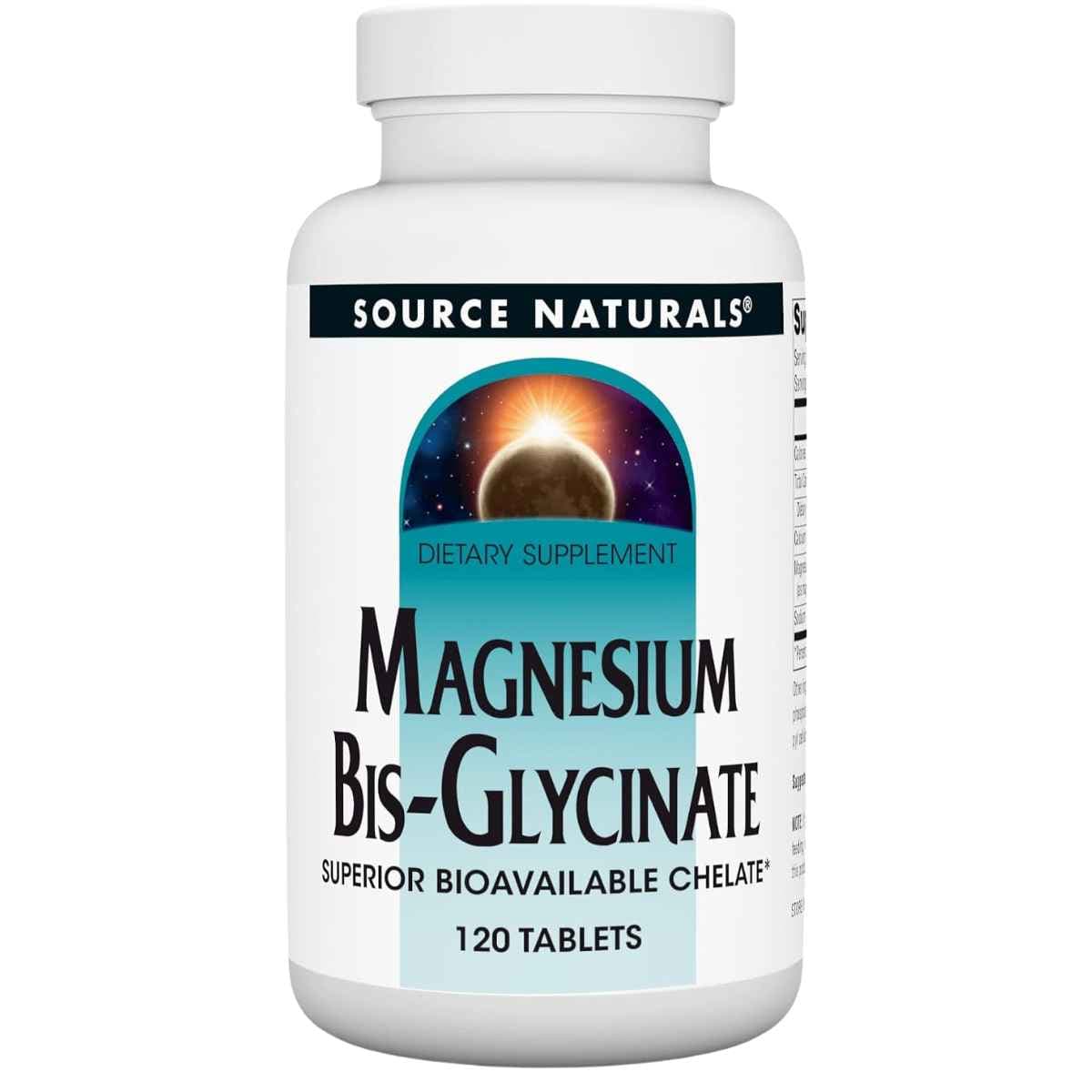 Frasco frontal de Source Naturals bisglicinato de magnesio, 120 tabletas