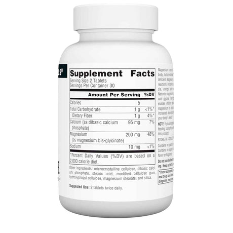 Etiqueta posterior de Source Naturals bisglicinato de magnesio, 60 tabletas