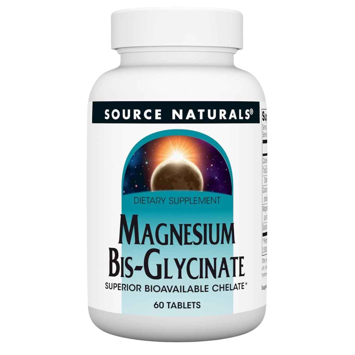 Frasco frontal de Source Naturals bisglicinato de magnesio, 60 tabletas