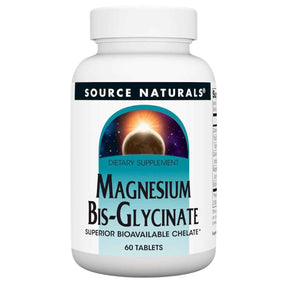 Frasco frontal de Source Naturals bisglicinato de magnesio, 60 tabletas