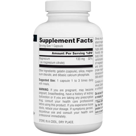 Tabla nutricional del suplemento Source Naturals Citrato de Magnesio 133 mg 180 cápsulas