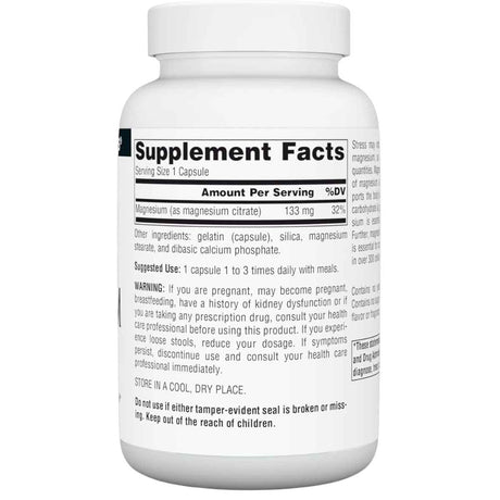 Tabla nutricional del suplemento Source Naturals Citrato de Magnesio 133 mg 90 cápsulas