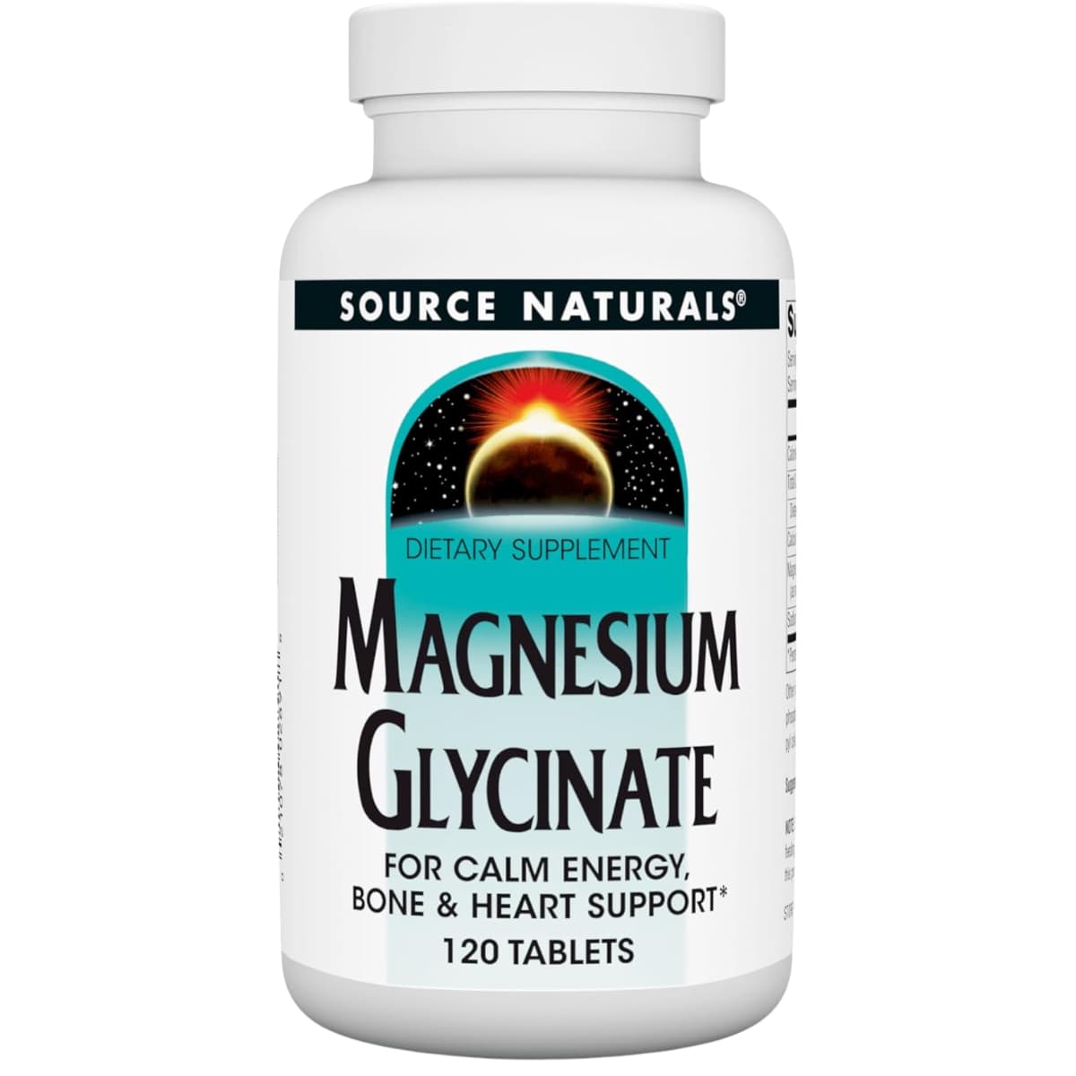 Frasco de suplemento Source Naturals Glicinato de Magnesio 200 mg 120 tabletas