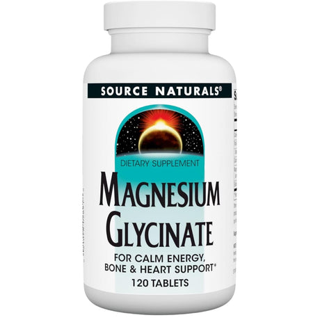 Frasco de suplemento Source Naturals Glicinato de Magnesio 200 mg 120 tabletas