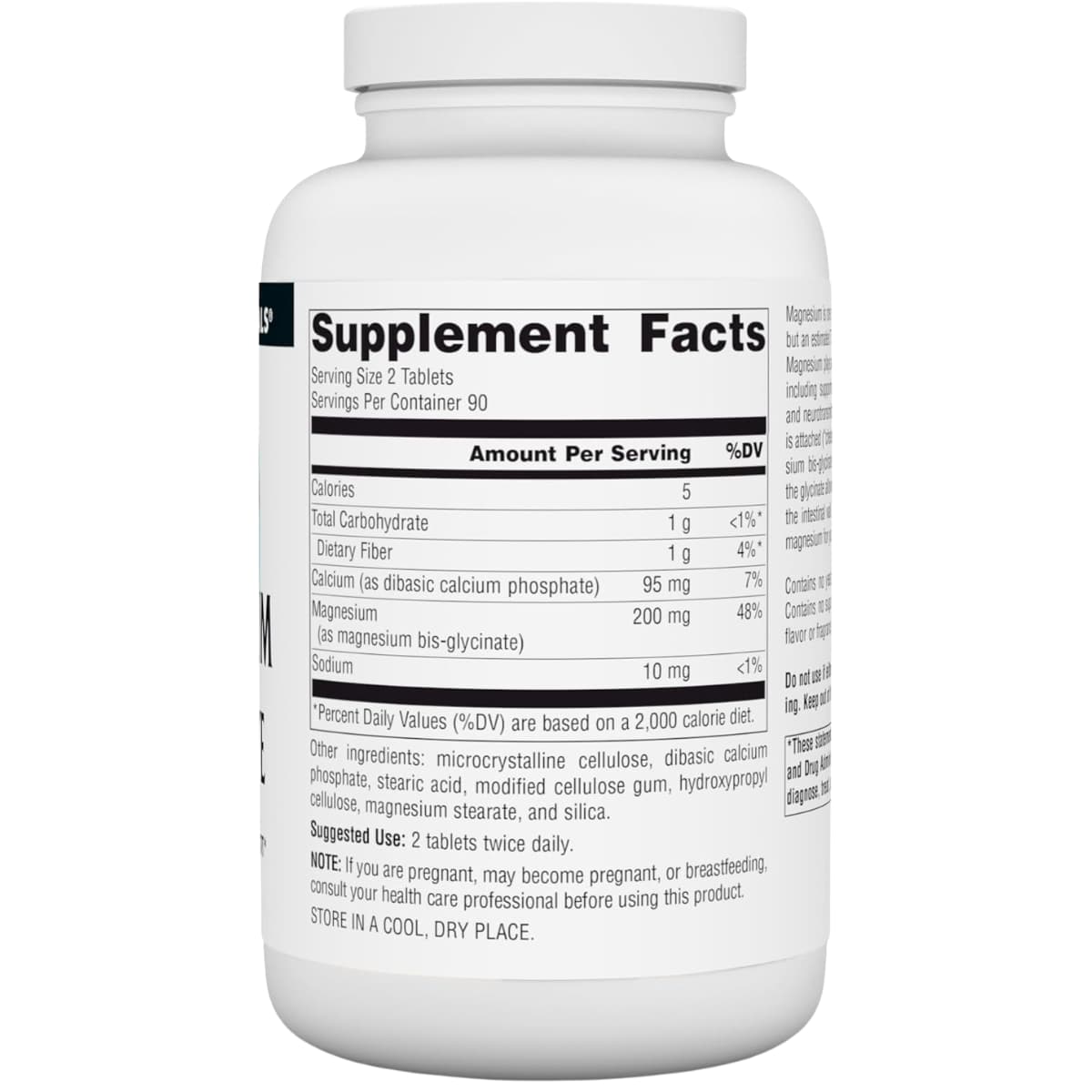 Tabla nutricional del suplemento Source Naturals Glicinato de Magnesio 200 mg 180 tabletas