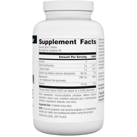Tabla nutricional del suplemento Source Naturals Glicinato de Magnesio 200 mg 180 tabletas