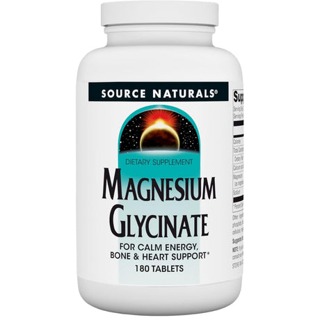 Frasco de suplemento Source Naturals Glicinato de Magnesio 200 mg 180 tabletas
