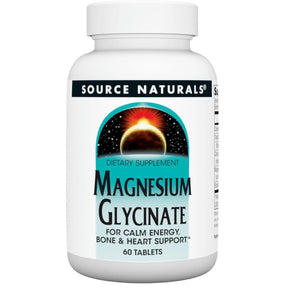 Frasco de suplemento Source Naturals Glicinato de Magnesio 200 mg 60 tabletas