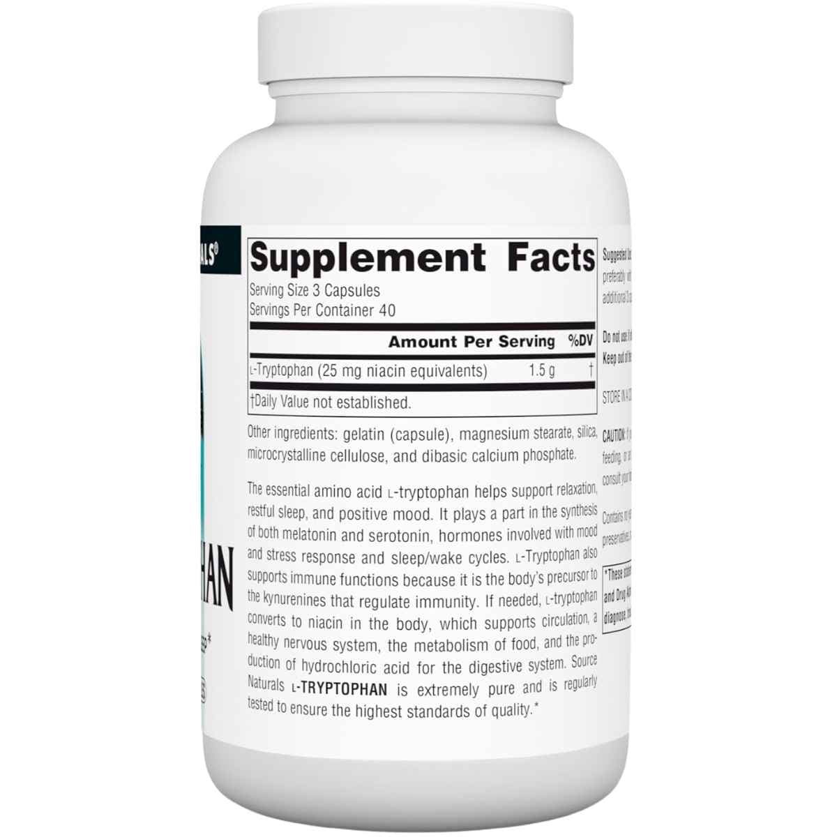 Tabla nutricional del suplemento Source Naturals L-Triptófano 500 mg 120 cápsulas