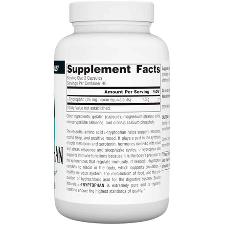 Tabla nutricional del suplemento Source Naturals L-Triptófano 500 mg 120 cápsulas