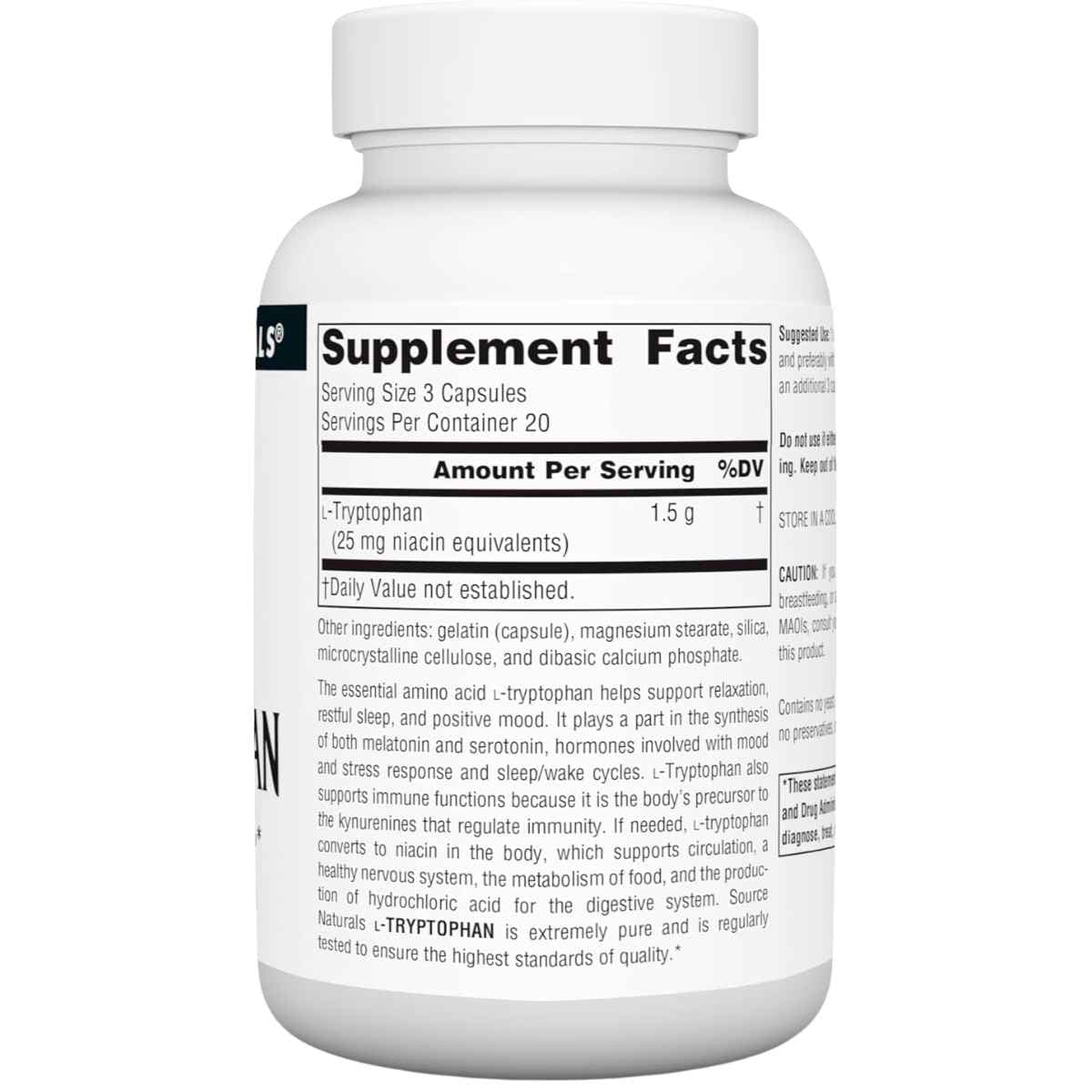 Tabla nutricional del suplemento Source Naturals L-Triptófano 500 mg 60 cápsulas