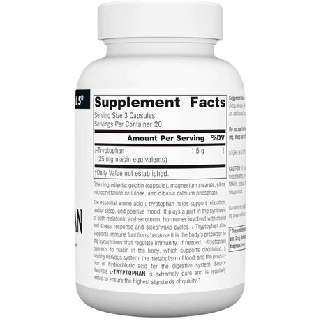 Tabla nutricional del suplemento Source Naturals L-Triptófano 500 mg 60 cápsulas