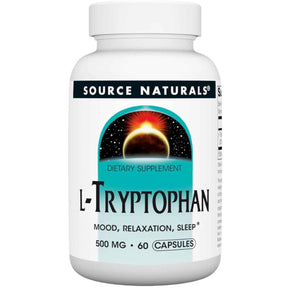 Frasco de suplemento Source Naturals L-Triptófano 500 mg 60 cápsulas