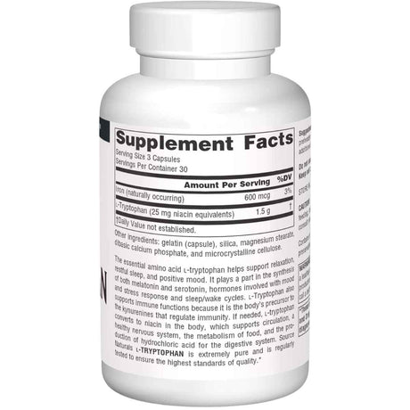 Tabla nutricional del suplemento Source Naturals L-Triptófano 500 mg 90 cápsulas