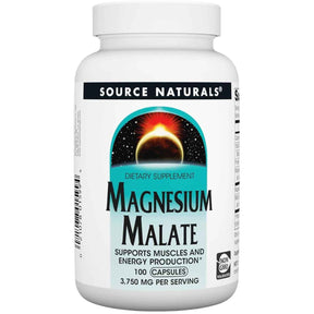 Frasco de malato de magnesio en cápsulas de la marca Source Naturals, presentación de 100 cápsulas