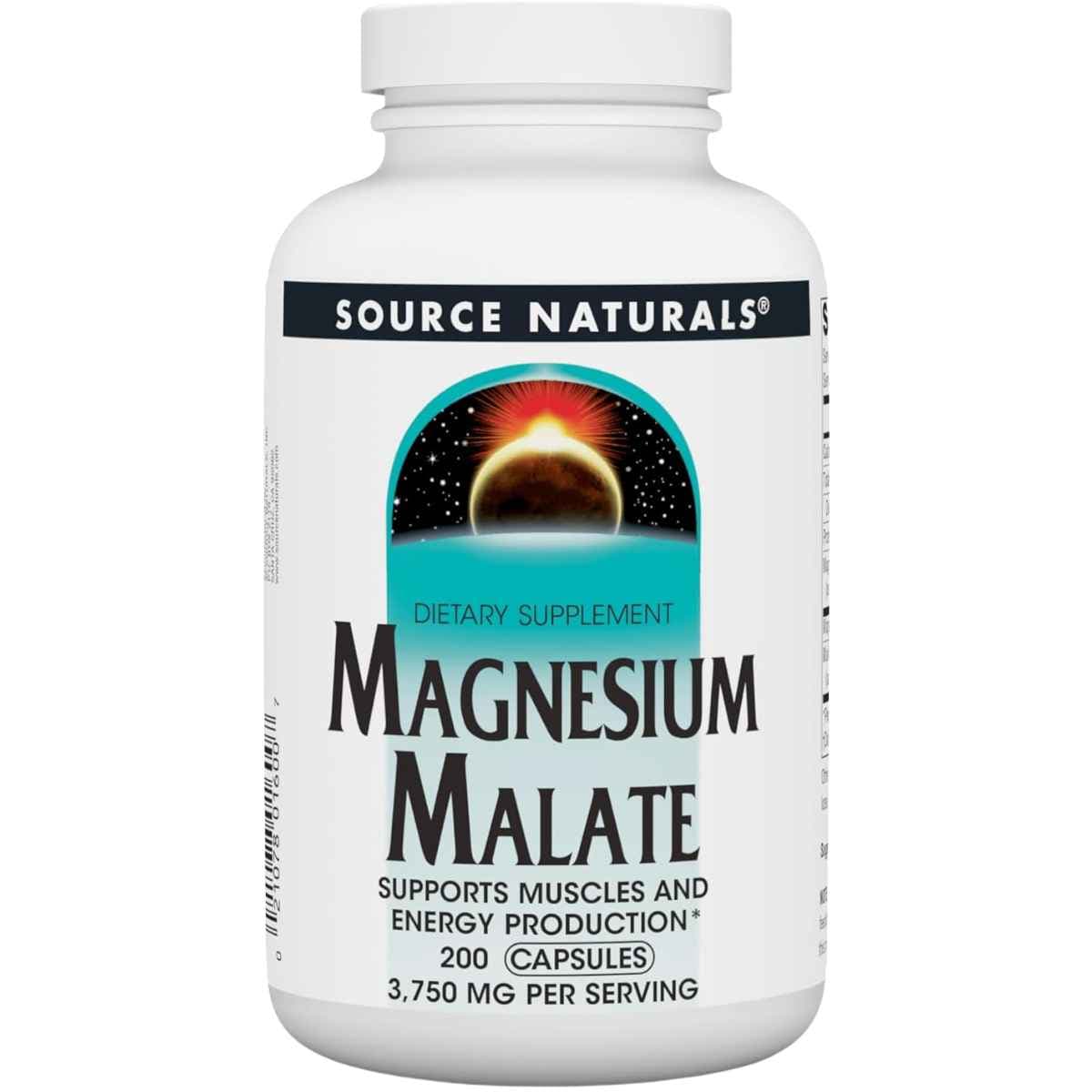 Frasco de malato de magnesio en cápsulas de la marca Source Naturals, presentación de 200 cápsulas