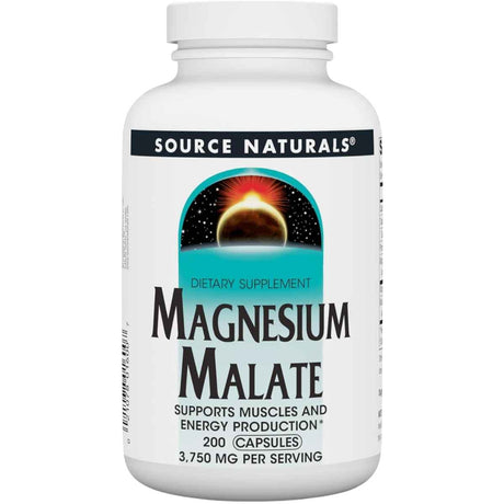 Frasco de malato de magnesio en cápsulas de la marca Source Naturals, presentación de 200 cápsulas