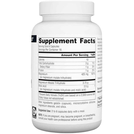Tabla nutricional del suplemento Source Naturals malato de magnesio con información de ingredientes y valores por porción