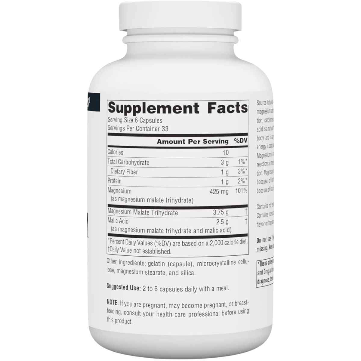 Tabla nutricional del suplemento Source Naturals malato de magnesio con información de ingredientes y valores por porción