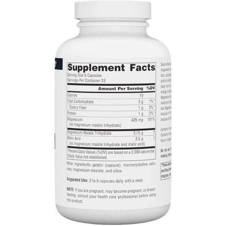 Tabla nutricional del suplemento Source Naturals malato de magnesio con información de ingredientes y valores por porción